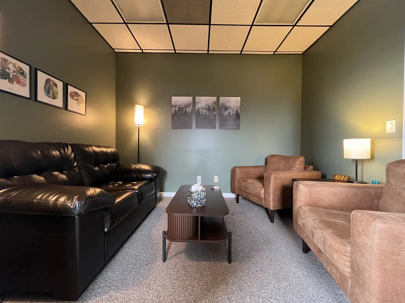 The therapy room: sage green walls, a leather couch, two armchairs and forest prints